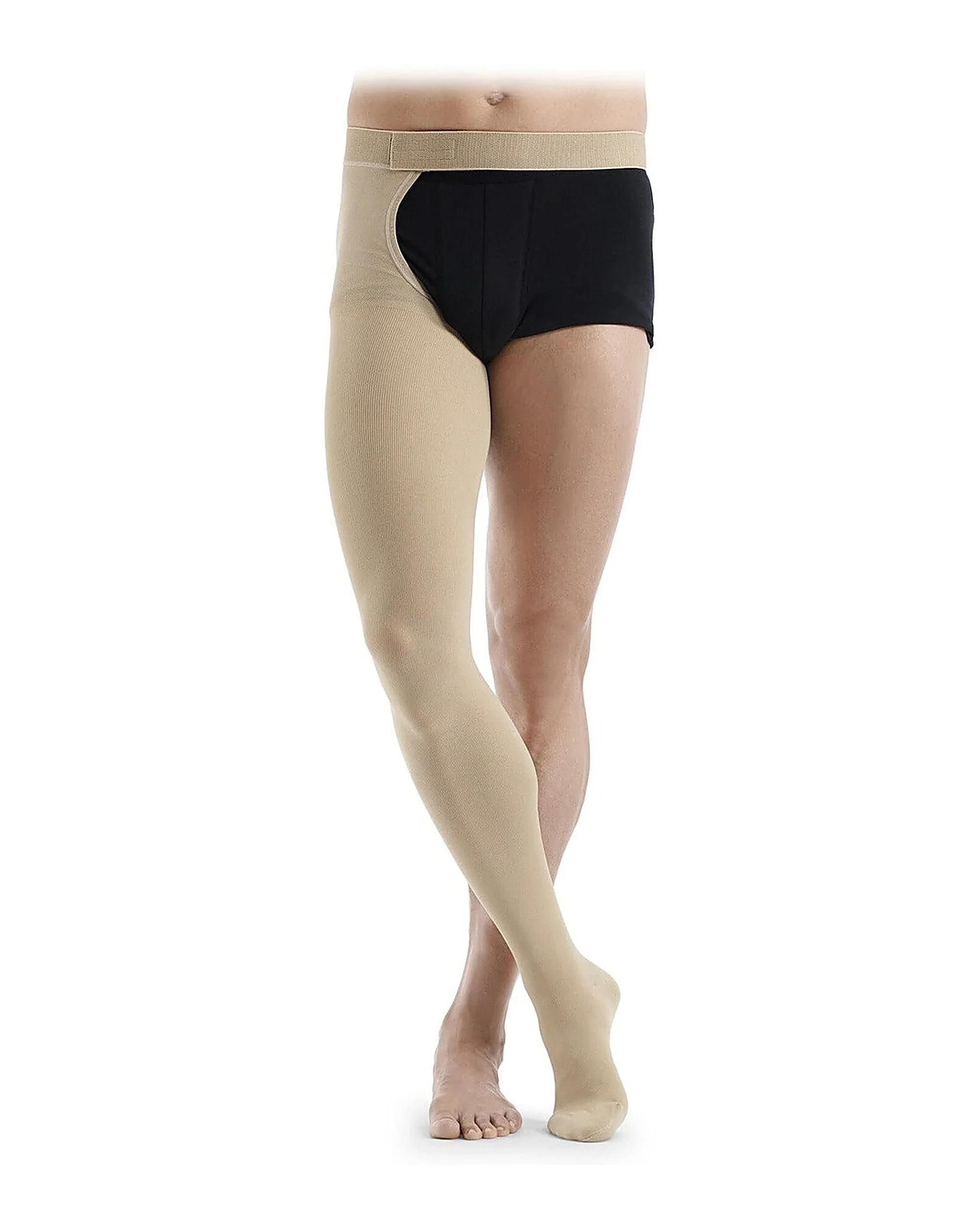 Sigvaris waist-high compression stocking with waist attachment